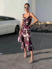 LIZAKOSHT  -  Elegant Floral Fruit Patterned Slip Dress For Women Square Collar sleeveless Hip Package 2025 Female Party Vacation Chic Dresses