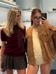 LIZAKOSHT - Women Patchwork Suede Jackets Long Sleeve Pocket Zipped Stand Coats Autumn Winter New Fashion Commuting Top Outerwears