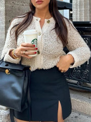 LIZAKOSHT - Faux Lambwool Coats Women Autumn Fashion Short Jacket Female Elegant Chic Single Breasted Outerwear Lady High Street Solid Coat