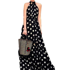 LIZAKOSHT - 2026 Summer Beach Wind Polka Dot Printed Fashion Dress Sleeveless Slim Fit Fashion Temperament Long Dress