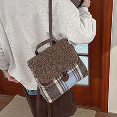 LIZAKOSHT - Retro Lamb Wool Backpack for Women's Autumn/Winter New Checkered High Quality Backpacks