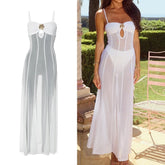 LIZAKOSHT - Sexy Adjustable Straps Floral Lace Maxi Dress Elegant Bikini Cover Mesh Bodycon Long Evening Dresses with Metal Decor