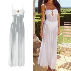 LIZAKOSHT  -  Sexy Adjustable Straps Floral Lace Maxi Dress Elegant Bikini Cover Mesh Bodycon Long Evening Dresses with Metal Decor