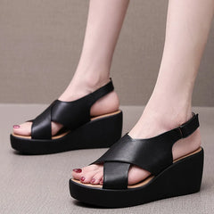LIZAKOSHT - Cowhide Genuine Leather Women Sandal Platform High Heel Shoes Wedges Comfort Women Shoes Casual Trendy Shoes Women Sandals