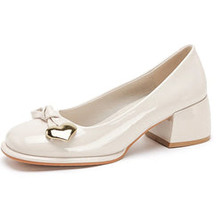 LIZAKOSHT - Women 5cm High Heels Sweet Valentine Pumps Female Versatile Metal Heart Buckle Square Heels Lady Elegant Patent Leather Shoes
