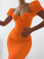 LIZAKOSHT - Summer Women's Puff Sleeve Mesh Pleated Midi Dress With Pads Sexy Party Women's Dress Double Layer