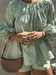 LIZAKOSHT  -  Casual Women's Shorts Suit O-neck Solid Half Sleeve Loose Shirts High Waist Shorts Loose Summer Ladies Summer 2 Piece Set