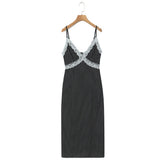 LIZAKOSHT - Retro French Style Black white Polka Dot Print Spliced Lace V Neck Chest Sling Midi Dress Women Backless Dresses Vestidos Femme