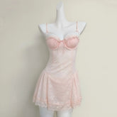 LIZAKOSHT - Cute Purple Suspender Nightdress with Panties Sexy Lingerie Nightgowns See Through Lace Flower Home Clothes Women's Pajamas