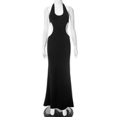LIZAKOSHT - U Neck Women's Sleeveless Backless Lace Up Low Waist Split Hollow Out Maxi Dress Strappy Black Summer Evening Party Vestidos