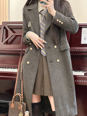 LIZAKOSHT - Women Retro Midi Blazer Fall Winter Preppy Button Patchwork Elegant Suit Coats Grey Long Sleeve Vintage Student Sweet New Jacket