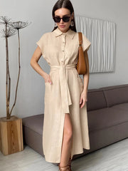 LIZAKOSHT - Summer Women's Linen Dress Lapel Sleeveless High Waist Maxi Dress Elegant Straight Shift Dress Office Lady Long Dress