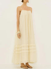 LIZAKOSHT - Casual Loose Pleated Sling Long Dress Women Chic Simple Beige Sleeveless Low Cut Holiday Dresses Lady Retro Summer Beach Vestido