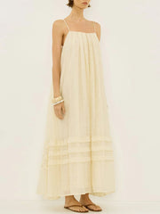 LIZAKOSHT - Casual Loose Pleated Sling Long Dress Women Chic Simple Beige Sleeveless Low Cut Holiday Dresses Lady Retro Summer Beach Vestido