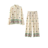 LIZAKOSHT - Holiday Embroidery Floral Shirts Women Blouses Suit Tops Two Piece Sets with Button Summer Vintage Elegant Woman Pant Suit