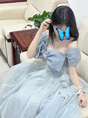 LIZAKOSHT - Grey Blue Evening Dress A-line Off The Shoulder Lace Up Shiny Sequined Bow Strapless Beading Backless Celebrity Prom Gowns New