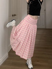 LIZAKOSHT - Midi Long Skirt Womens Pink Plaid Skirt Spring Summer Korean Casual High Waist Ladies Lolita Pleated Skirt rok