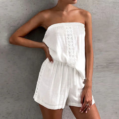 LIZAKOSHT - Tube Tops Blouse Tops&Elastic Waist Shorts Set All Match New One Shoulder Fashionable Outfit Summer Solid 2Pcs Suit Women