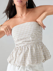 LIZAKOSHT - Vintage Y2k Strapless Tube Tops Women Summer Bubble Hem Plaid Print Bandeau Vest Backless Shirts Lettuce Trim Scarf Streetwear