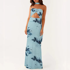 LIZAKOSHT - Women 3D Floral Tube Strapless Maxi Bodycon Dress with Scarf Sexy Club Party Y2k Summer Backless Mesh Long Dresses