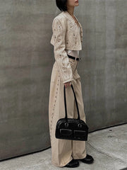 LIZAKOSHT  -  Chic Rivet Long Jeans For Women High Waist Single Button Pocket Wide Leg Pants 2025 Summer Fashion Female Streetwear Trousers