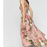 LIZAKOSHT - Women Tie Bow Strap Sleeveless Sexy Beach Robe Holiday Retro French Pink Flower Print V neck Corset Chest Style Midi Sling Dress