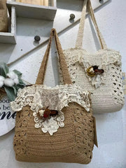 LIZAKOSHT - Gril Sweet Lace Hollow Woven Bag New Retro Large Capacity Hand Bill Shoulder Bag