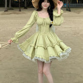 LIZAKOSHT - Green Women Dresses Square Neck Ruffles Bows Vintage Vestidos Mujer Spring Autumn Korean Fashion Sweet Mini Dress
