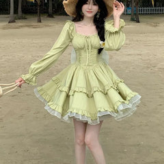 LIZAKOSHT - Green Women Dresses Square Neck Ruffles Bows Vintage Vestidos Mujer Spring Autumn Korean Fashion Sweet Mini Dress
