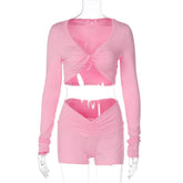 LIZAKOSHT - Woman Clothes V-neck Long Sleeve Cropped T-shirts and Shorts Matching Sets Girls Clothes Y2K Black Pink Short Pants Tracksuits
