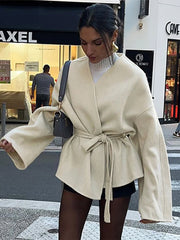 LIZAKOSHT - Elegant Lace Up Coat For Women V-neck Long Sleeve Slim Jacket Cardigan 2024 Autumn Winter Lady Streetwear Outwear New In Coats