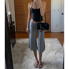 LIZAKOSHT - Women's Y2k Fold Over Loungewear Capris Wide Leg Cropped Flowy Gaucho Pants Comfy Casual Yoga Coluttes Pajama Bottoms