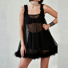 LIZAKOSHT - Sexy U Neck Mesh See-through Mini Dress Elegant Solid Sleeveless Hollow Out Lace Short Dress Hot Girl Black Cocktail Party Dress