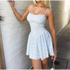 LIZAKOSHT - Floral Print Thin Spaghetti Strap Smocked Mini Dress Square Neck Elastic Bust Spring Summer Beach Lady Women Sweet Outfit