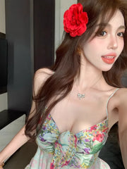 LIZAKOSHT - Holiday Flowy Chiffon Long Cami Dress Women Twist Bandage V-neck Ruffle Bohemian Print Flower Dress Casual Beachwear