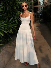 LIZAKOSHT - New 2026 Summer White Ruched Long Dresses Women's Spaghetti Strap Cotton Slim Fitted Waist Dress