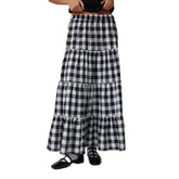 LIZAKOSHT - Y2k Women Gingham Tiered Maxi Skirts A Line Ruffle Plaid Midi Skirt Summer Beach Casual Loose Flowy Long Skirt