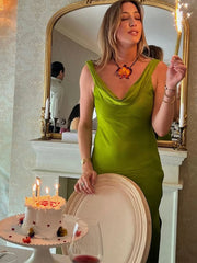 LIZAKOSHT - Chic Satin Slip Long Dress For Women Cowl-neck Sleeveless Side Split Hip Package Robe 2025 Summer Elegant Female Party Dresses