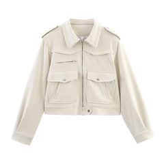 LIZAKOSHT - Chic Fashion 2025 Autumn Temperament Jacket Beige Streetwear Women Outwear Zipper High Street Casual Turn-down Collar Pockets