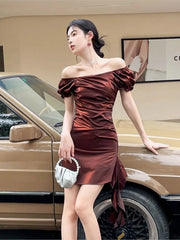 LIZAKOSHT - Summer Off Shoulder Elegant Sexy Lace-up Evening Dresses Women Fashion Solid Slim Prom Party Dress Vestido Feminino Robe Femme