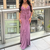 LIZAKOSHT - Ladies Sexy Deep V Neck Ruffle Slim Bodycon Dress Spring Solid Flower Draped Party Dress Summer Backless Straps Long Dress Mujer