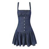 LIZAKOSHT - Vintage Women Cinching Waist Denim Slip Pleated Dress Dark Blue A-line Strap Skirts Distressed Street Wear Casual Jeans Dress
