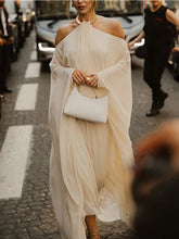 LIZAKOSHT  -  Women's Elegant Ruffled Dress Halter-neck Flared Sleeves Party Dresses Solid Color Big Swing Pleated Evening Gowns