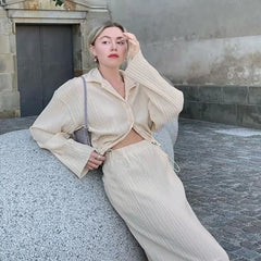 LIZAKOSHT - New Casual Loose Suit Women's Autumn and Winter Style Jacket Long-sleeved Lapel with Fashionable Casual Pleated Skirt Suit