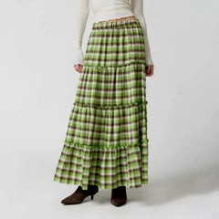LIZAKOSHT - Y2k Women Gingham Tiered Maxi Skirts A Line Ruffle Plaid Midi Skirt Summer Beach Casual Loose Flowy Long Skirt