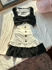 LIZAKOSHT - Japanese Vintage Sweet Bow Stitching Tow-piece Set Women Design Fashion Flying Sleeves Slim Tees Spring Aesthetic Y2k Outfits