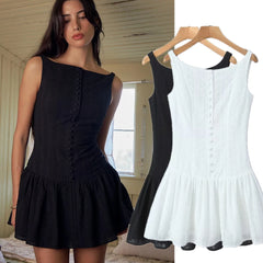 LIZAKOSHT - Black White Cotton Embroidery Sexy Mini Dress Girls Fashion Summer Dress Women Lace Tank Dress