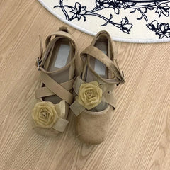 LIZAKOSHT - New Fashion Flower Square Toe Shallow Shoes Women Buckle Vintage Suede 2024 Autumn Women's Party Comfort Ballerinas Shoes