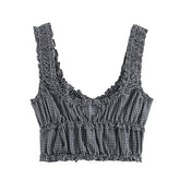LIZAKOSHT - New Women Ruffled Trim Plaid Tank Top Sexy Sleeveless V Neck Female Summer Crop Top