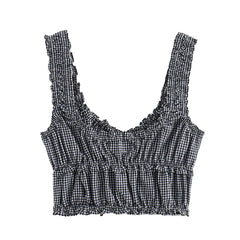 LIZAKOSHT - New Women Ruffled Trim Plaid Tank Top Sexy Sleeveless V Neck Female Summer Crop Top